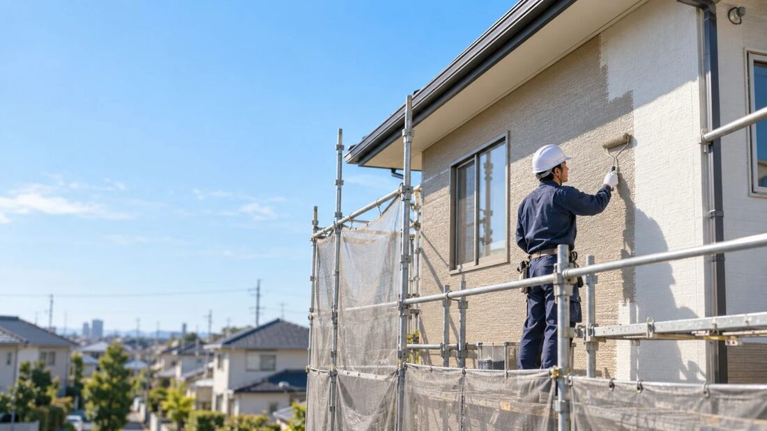 外壁塗装の職人が足場の上でローラー塗装をしている様子