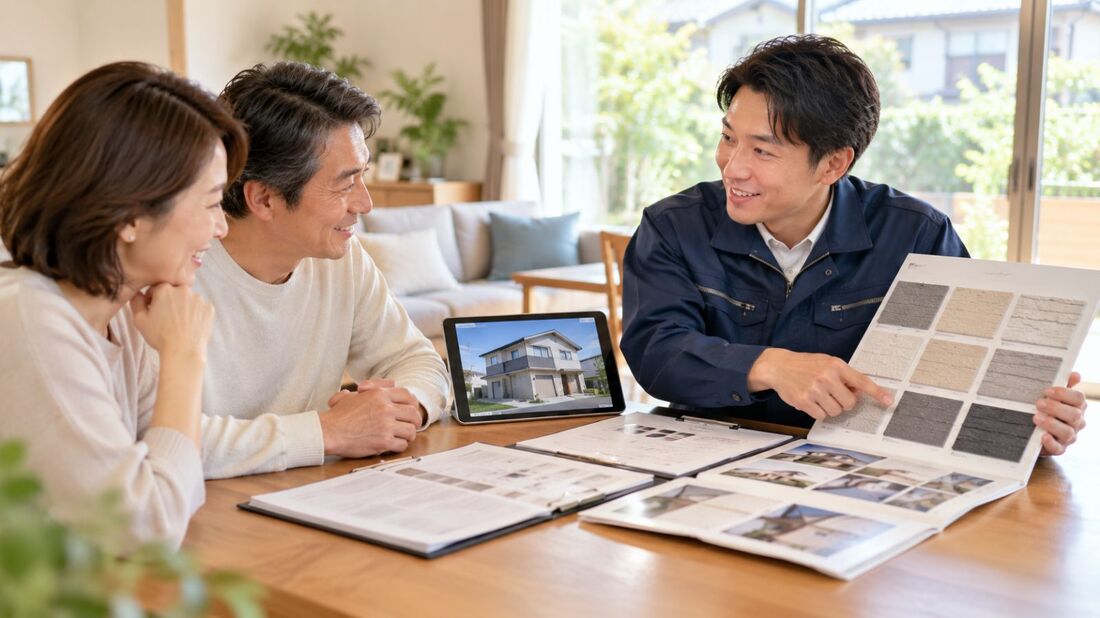 外壁塗装の担当者が、ご夫婦に色見本と見積もりを見せながら説明している様子